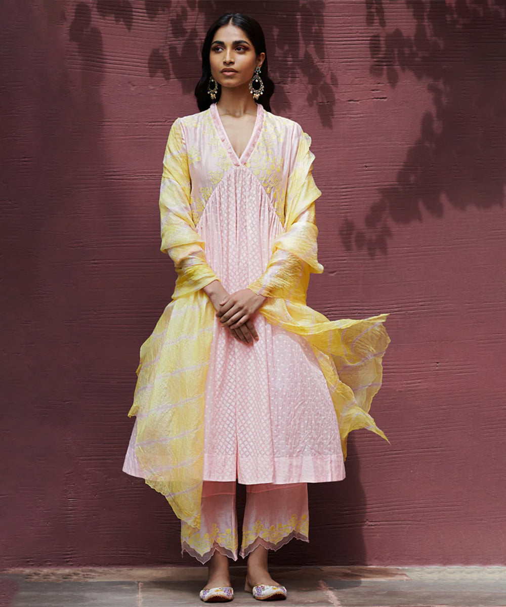 Gulmohar Kurta Set - Pale pink and yellow