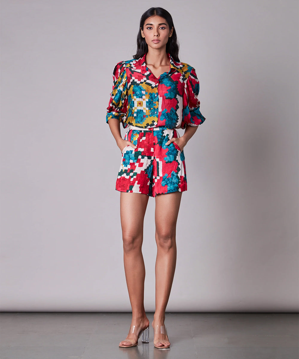 Ikat print shirt paired with shorts