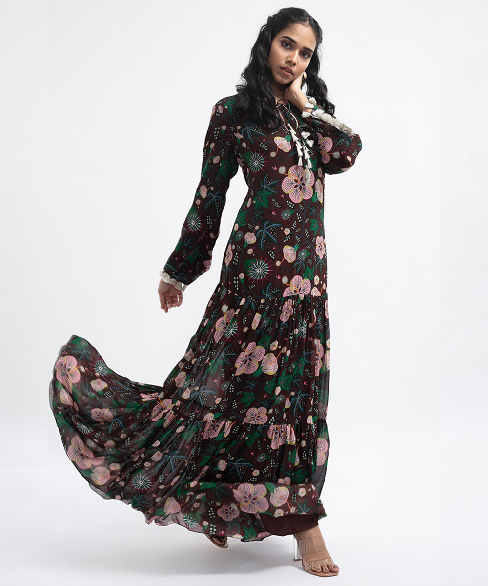 Brown colour printed art georgette Tiered Dress