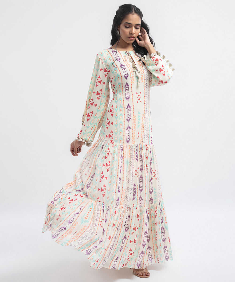 Cream colour printed art georgette Tiered Dress