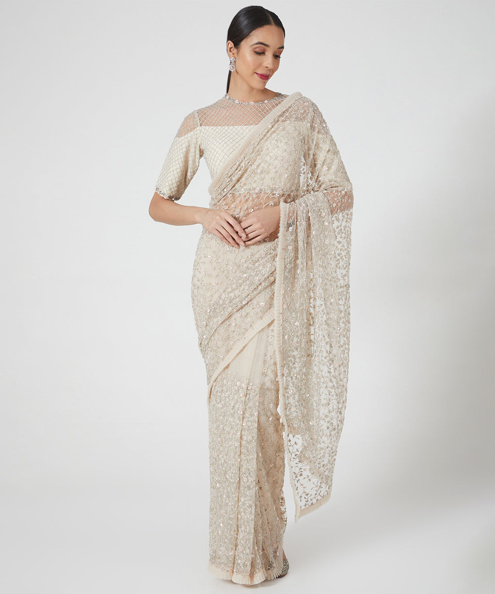 Ivory Georgette & Net Sequins Hand Embroidered Saree Set