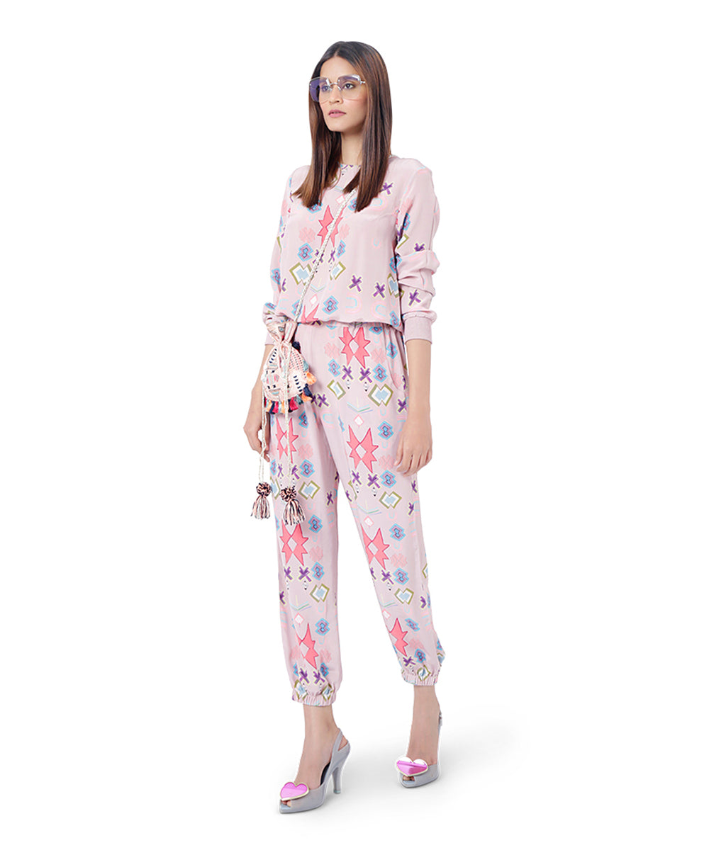 Meher Pink Printed Crepe Top With Jogger Pant