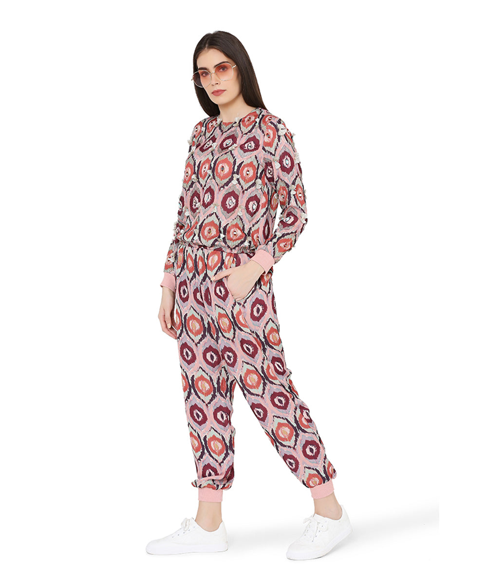 Red colour printed art silk top and jogger pant