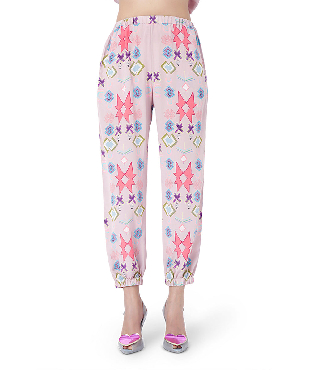 Meher Pink Printed Crepe Top With Jogger Pant