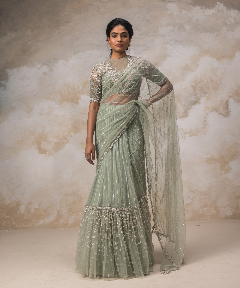 Mint Green Floral Embroidered Saree Set