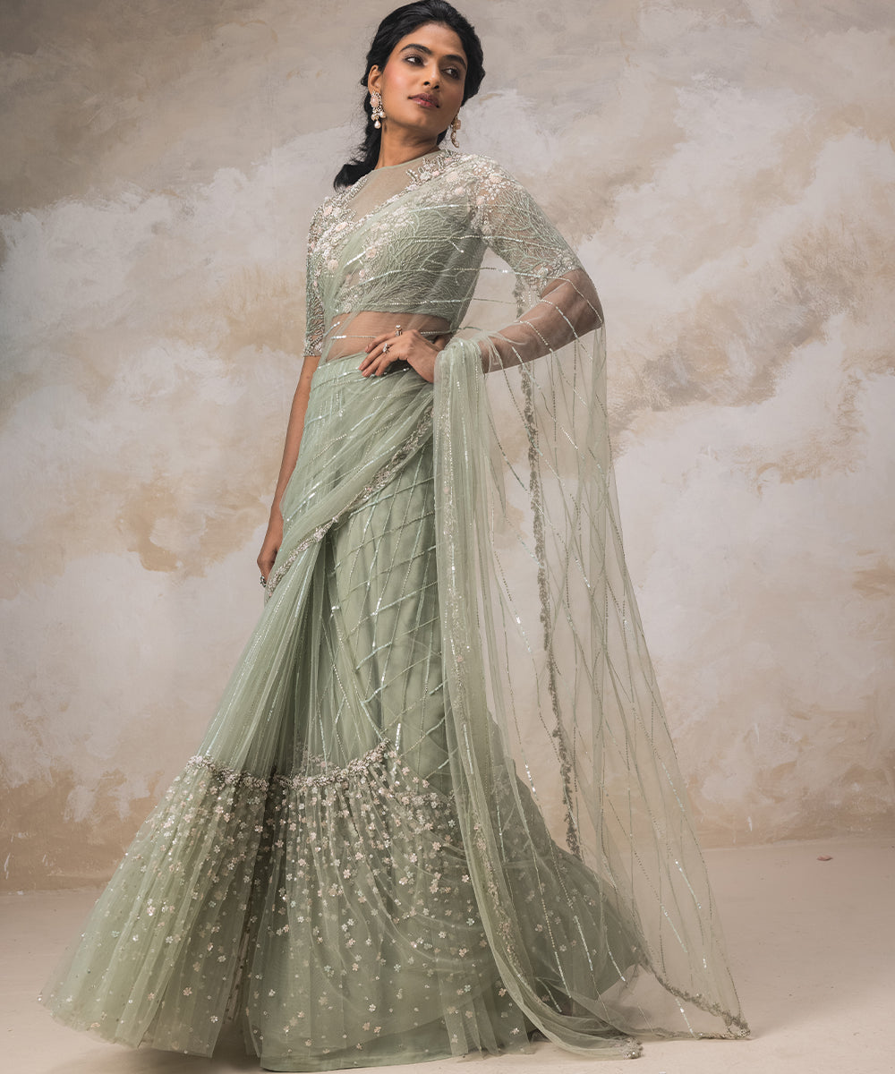 Mint Green Floral Embroidered Saree Set