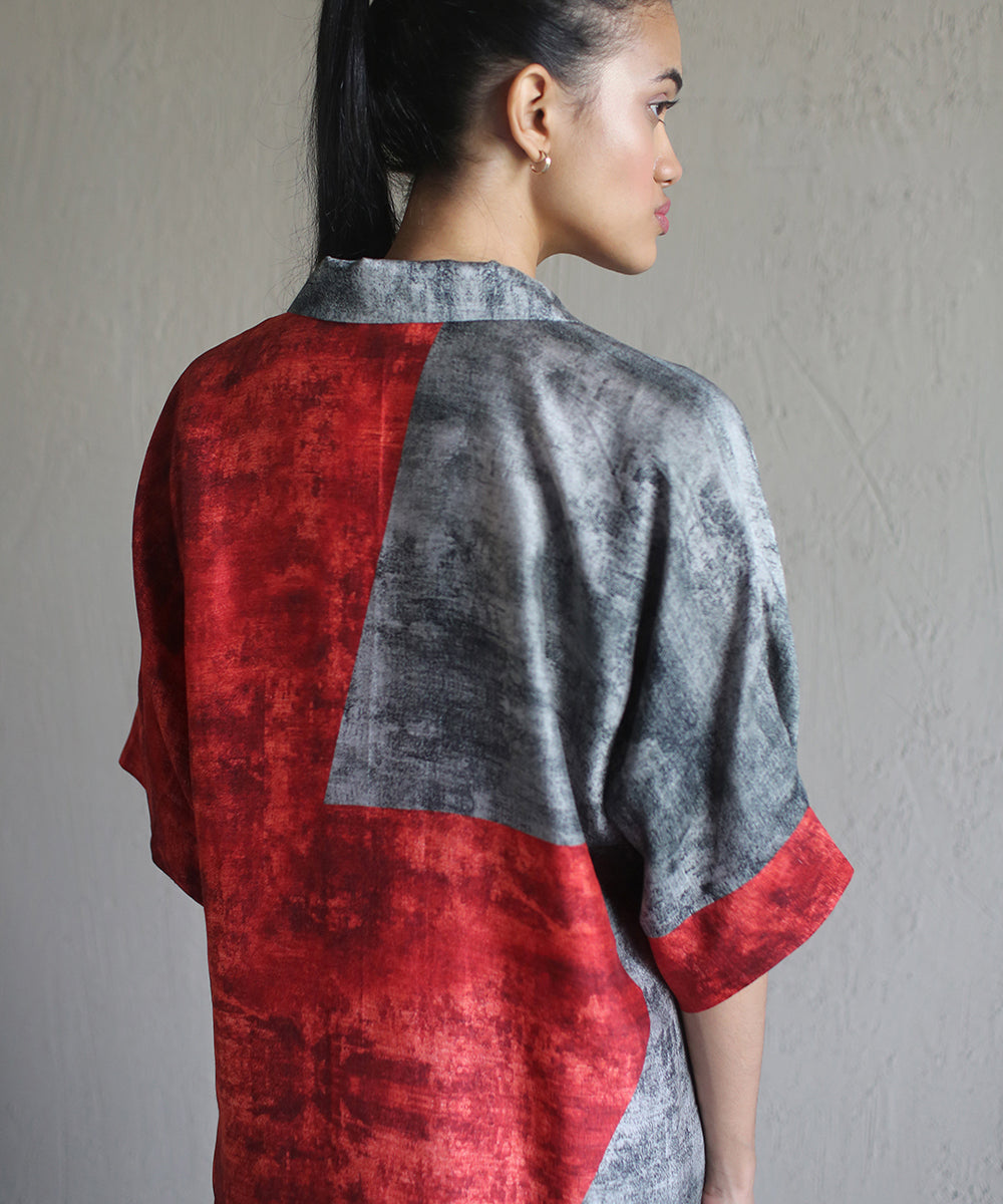 Printed kurta set in red and grey