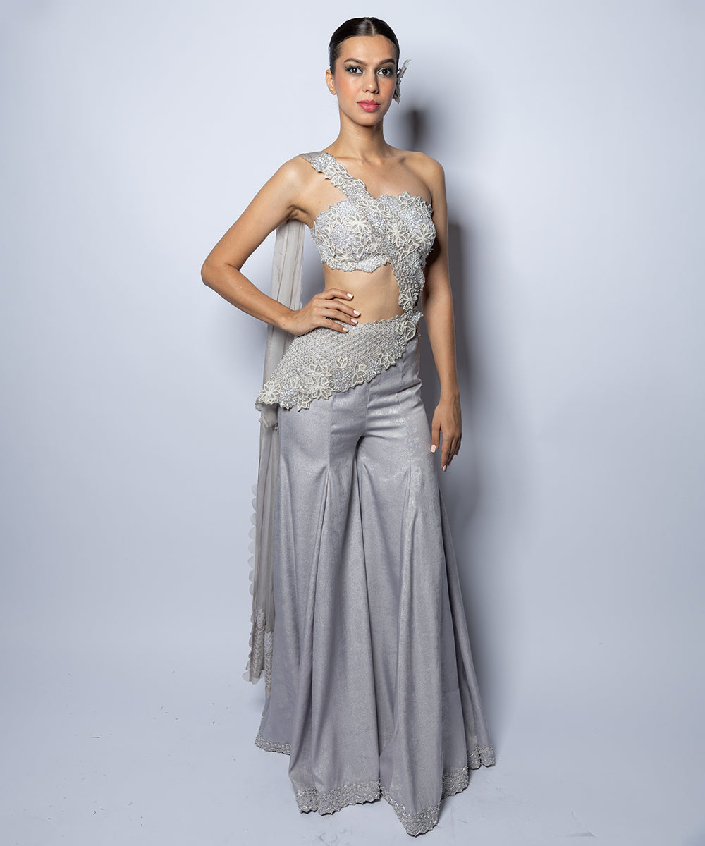Lustrous Silver Pant With Hand Embroidered Drape set