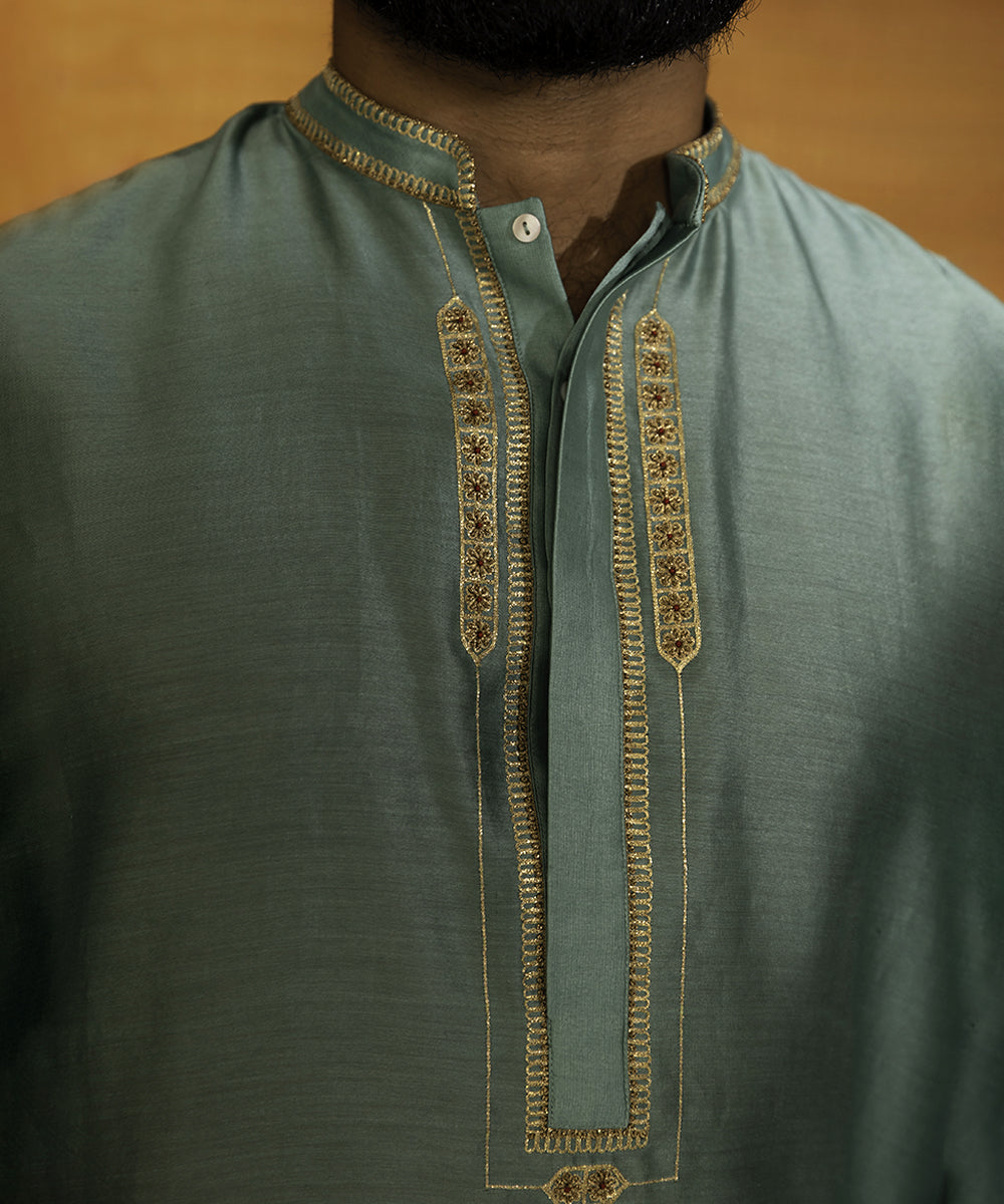 Teal hand embroidered men's kurta and straight pants