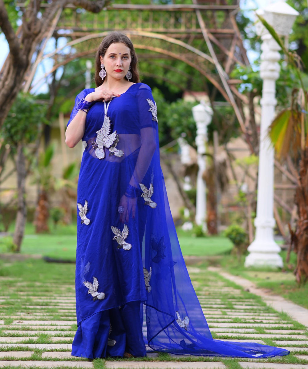 Hand-Embroidered Florence Saree with Artistic Bird Motif