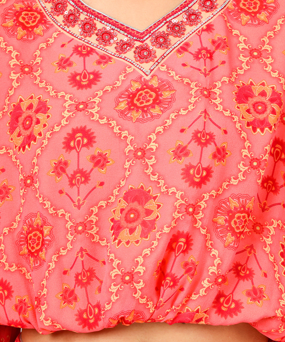 Printed silk georgette blouse and lehanga set