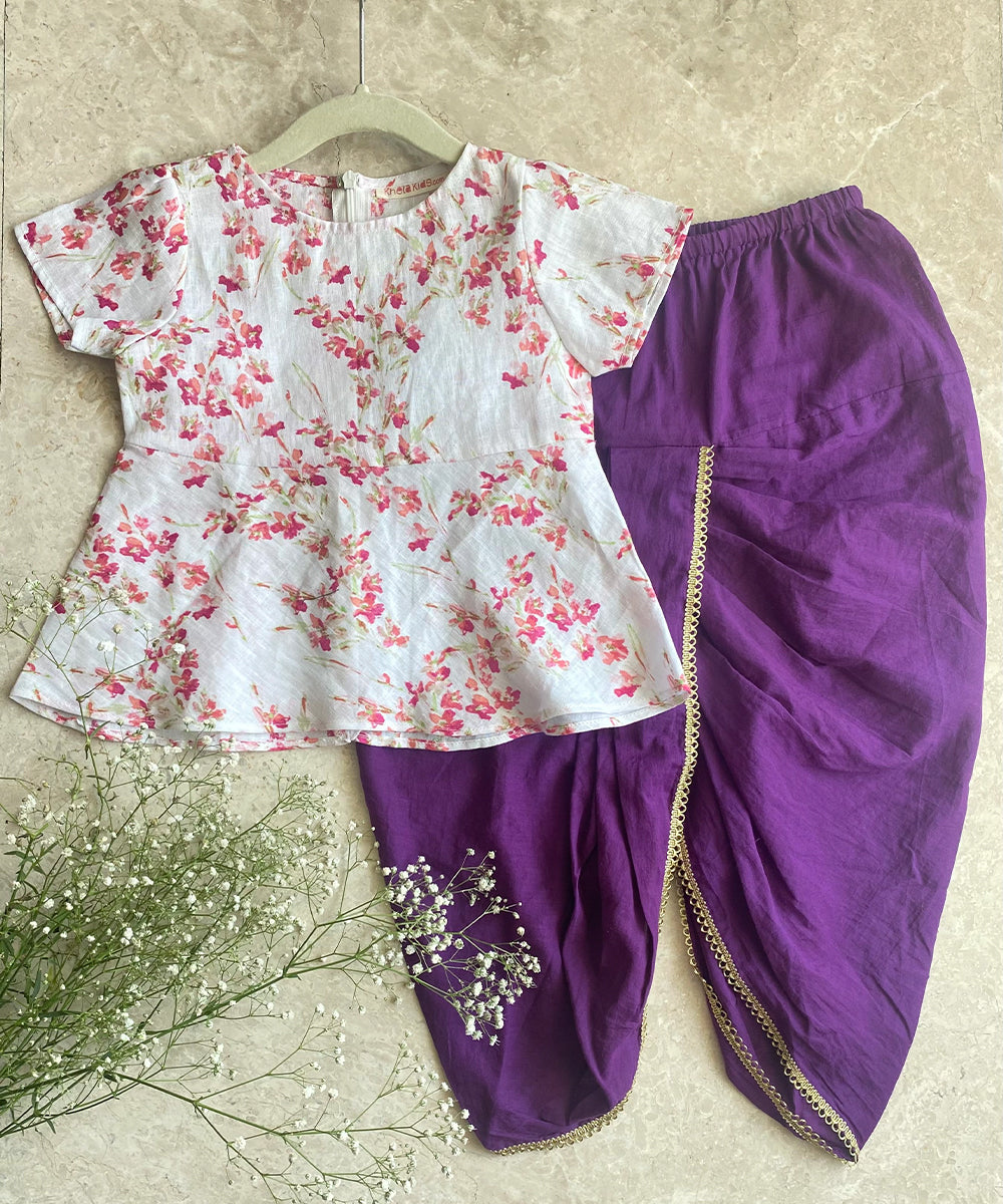 Floral Linen Top, Purple Dhoti