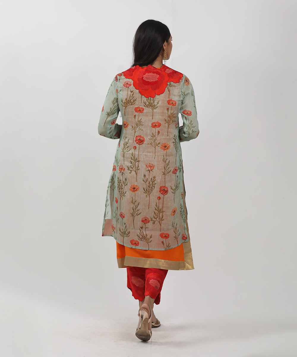 Green Floral Printed Embroidered Tunic Set