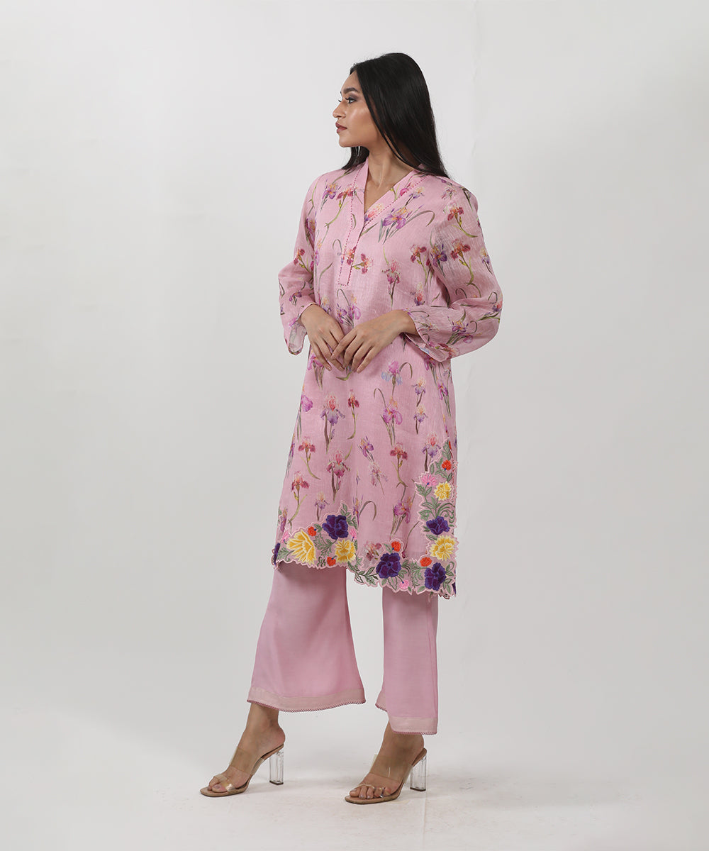 Pink Floral printed Embroidered Tunic Set
