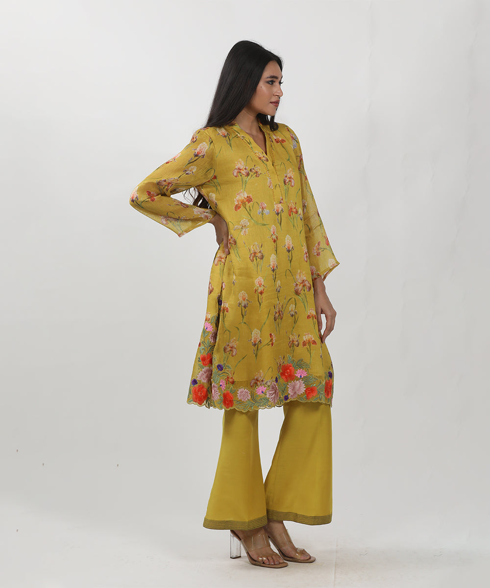 mustard  Floral printed Embroidered Tunic Set