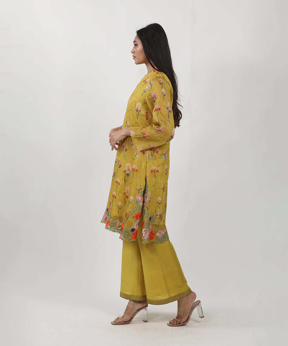 mustard  Floral printed Embroidered Tunic Set