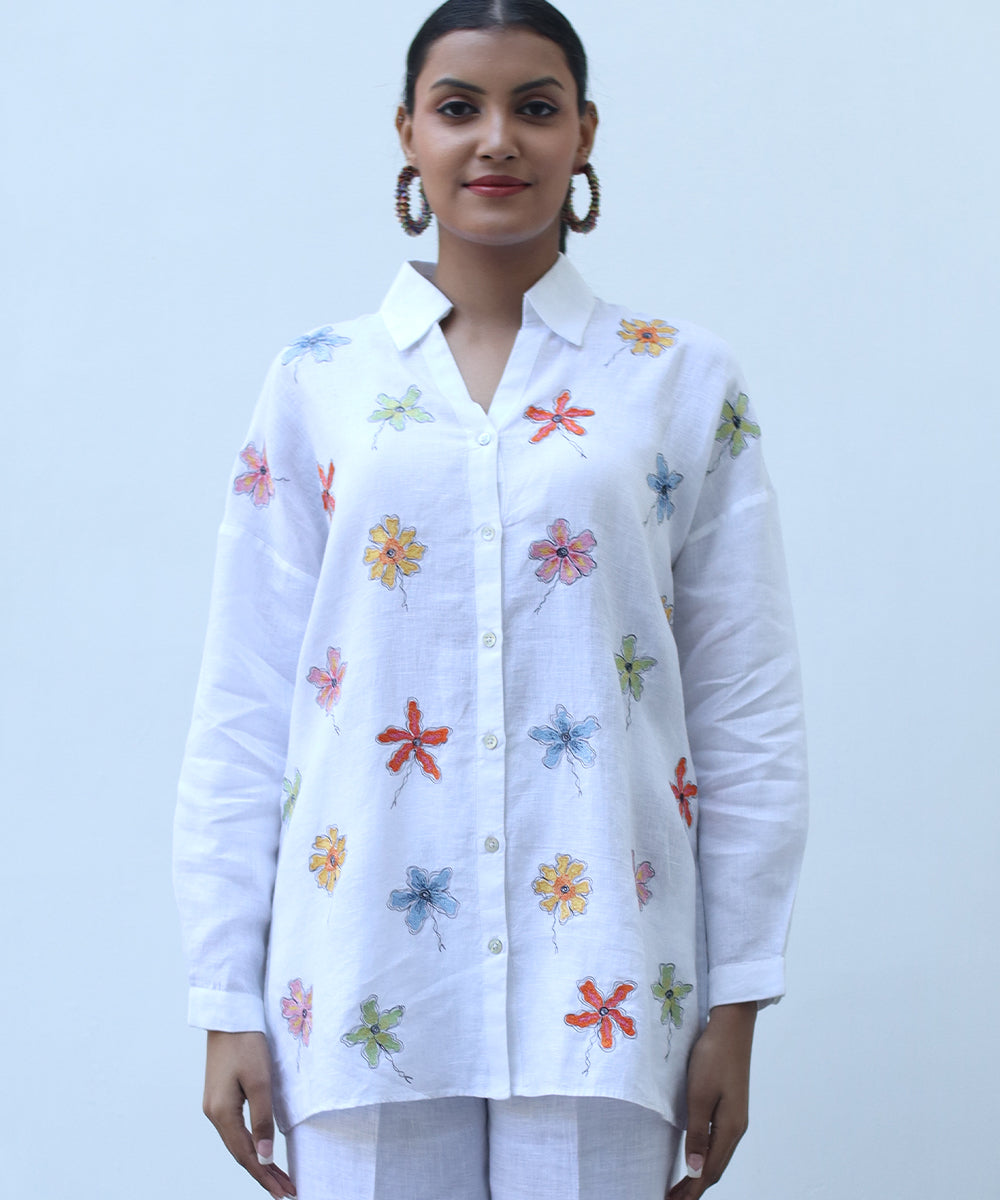White embroidered shirt in pure linen