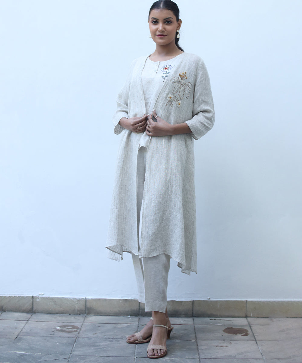 Beige embroidered cape in pure linen