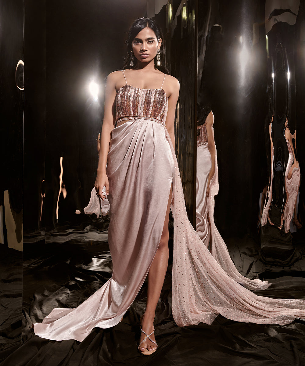 Pinkish nude embroiderd dress with drape
