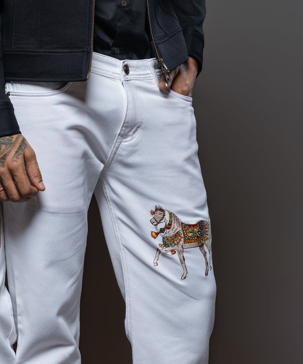 Off White Jeans with full horse emb motif