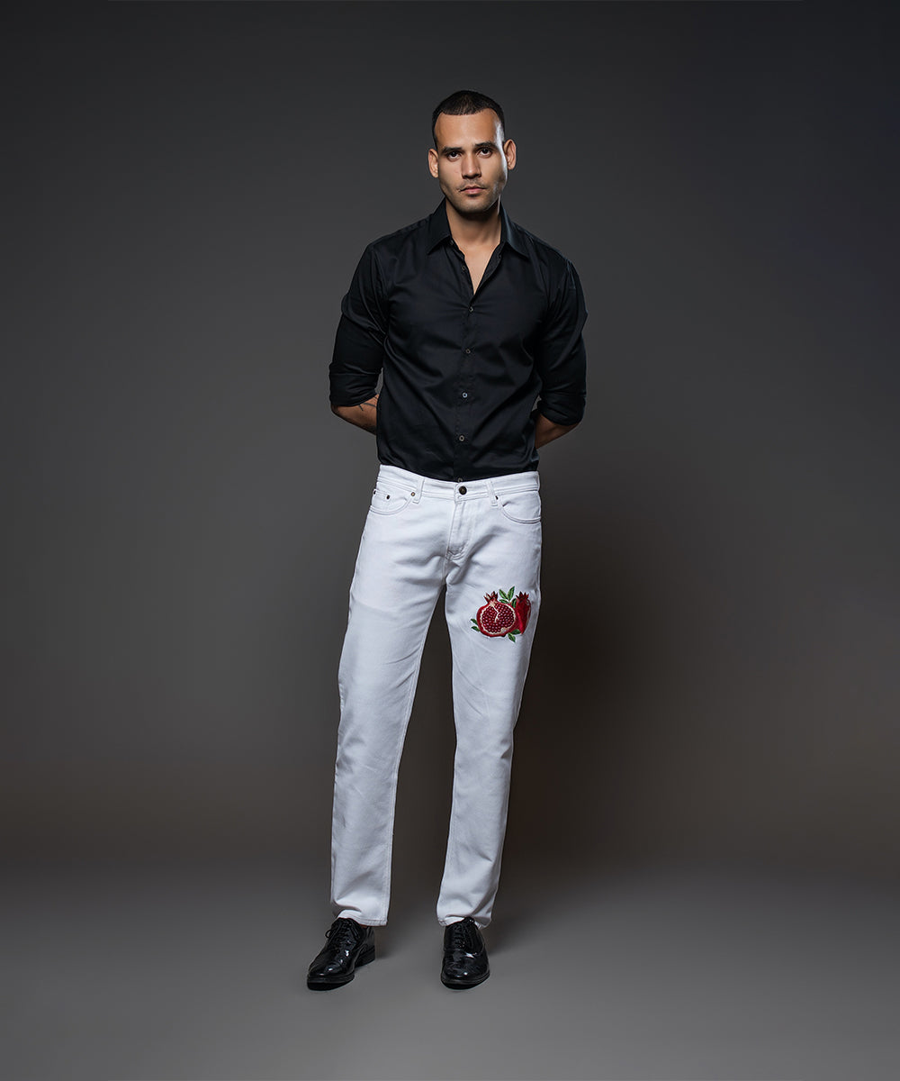 Light Off White Jeans with Pomegranate  Embroidery motif