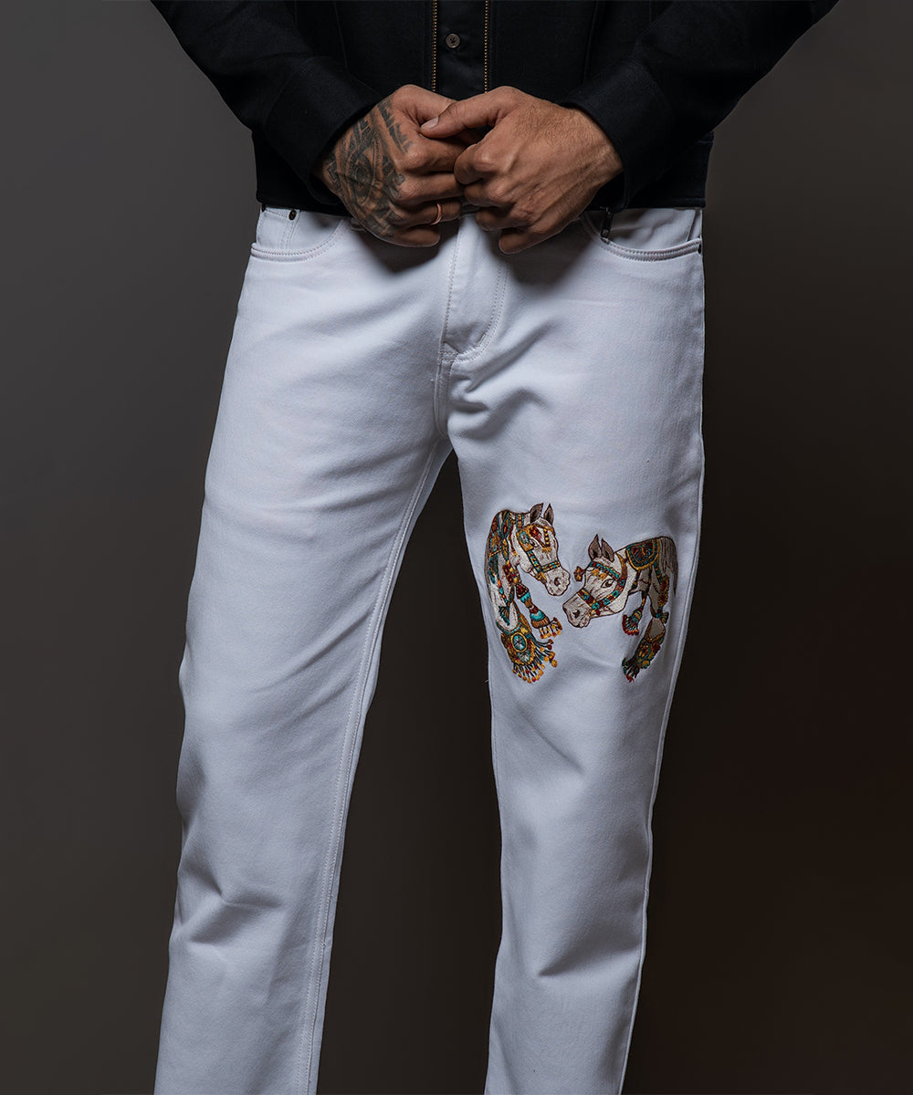Off White Jeans With Two Horses  Embroidery