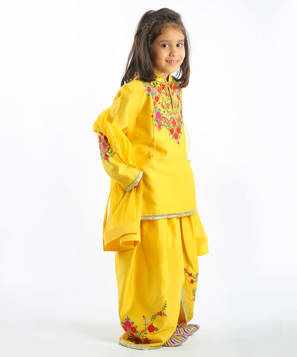 Yellow floral embroidered kurta set