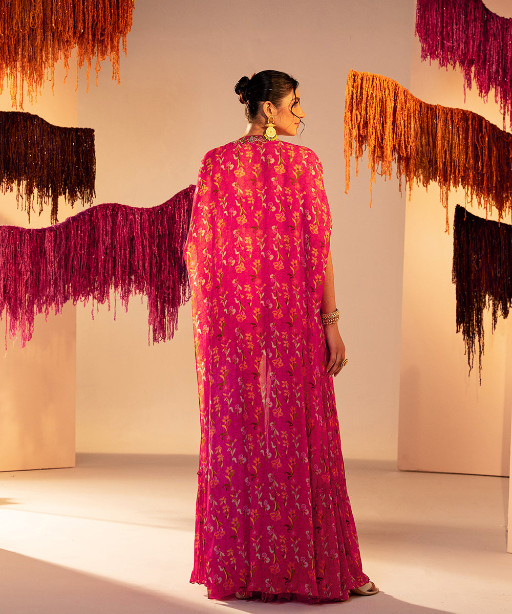 Printed cape with embroidered tube blouse and printed straight pants