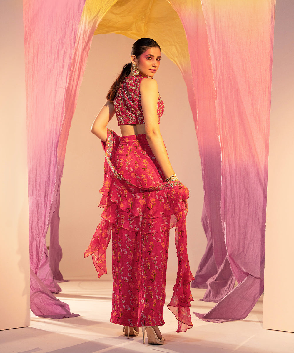 Embroidered V-hem blouse and printed straight pants with frill dupatta set