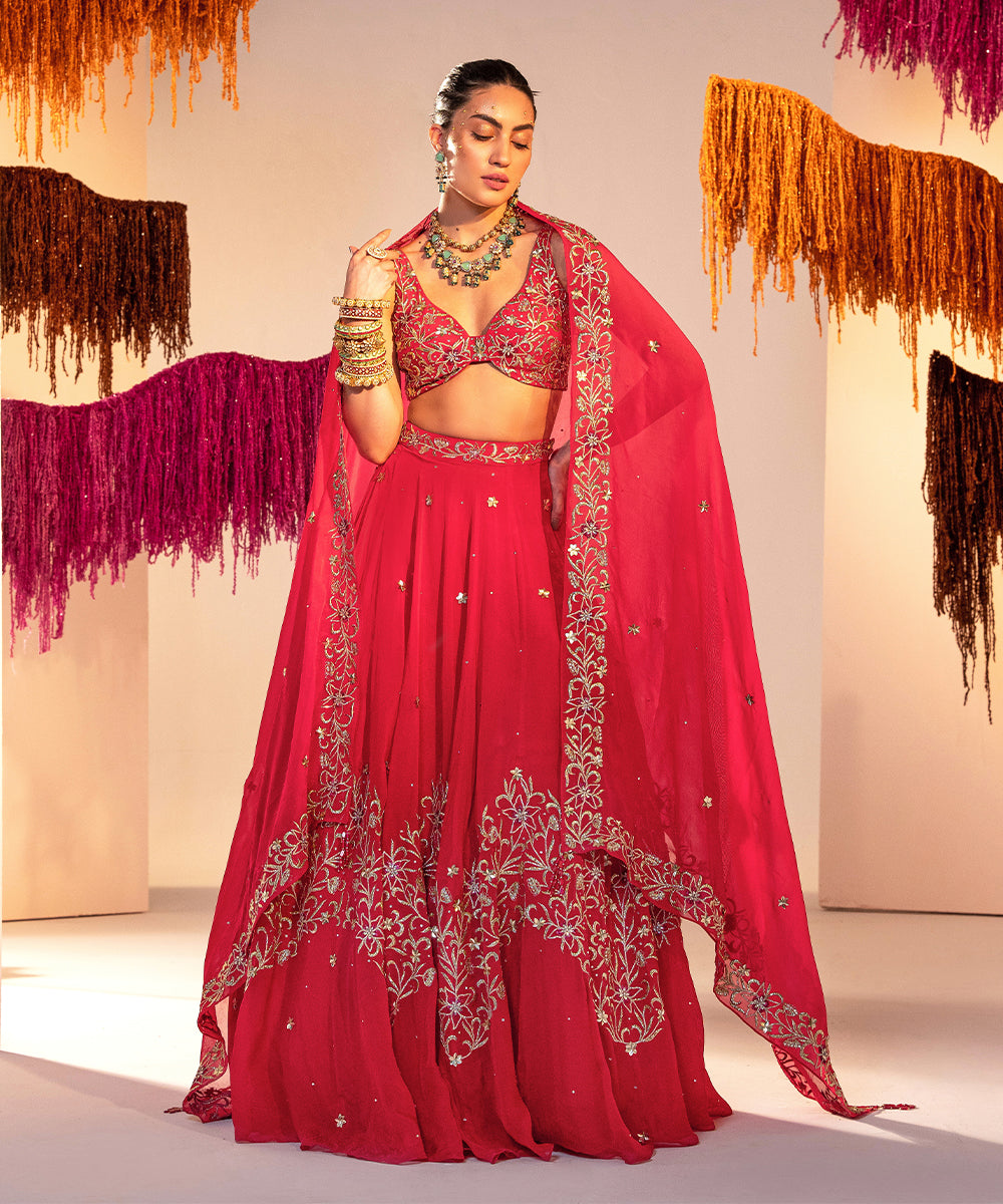 Embroidered backless blouse with lehenga and embroidered dupatta set