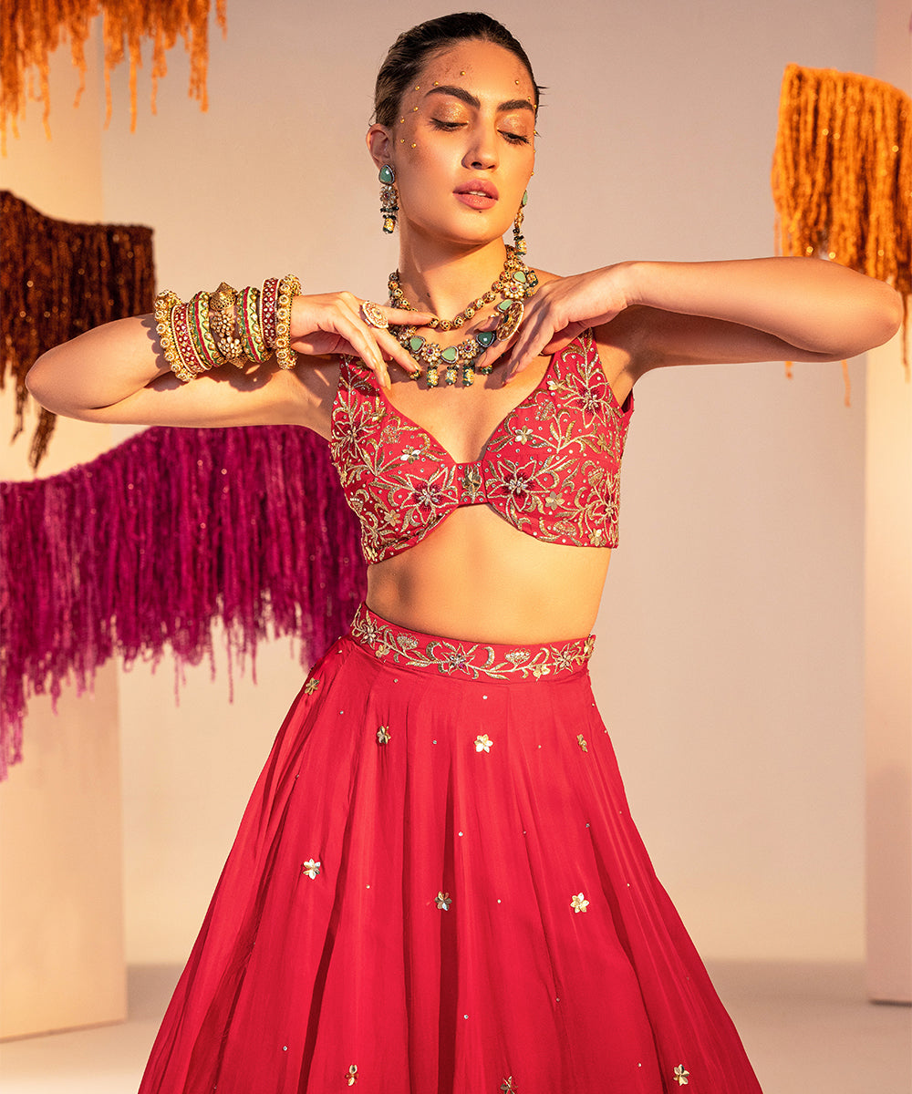 Embroidered backless blouse with lehenga and embroidered dupatta set