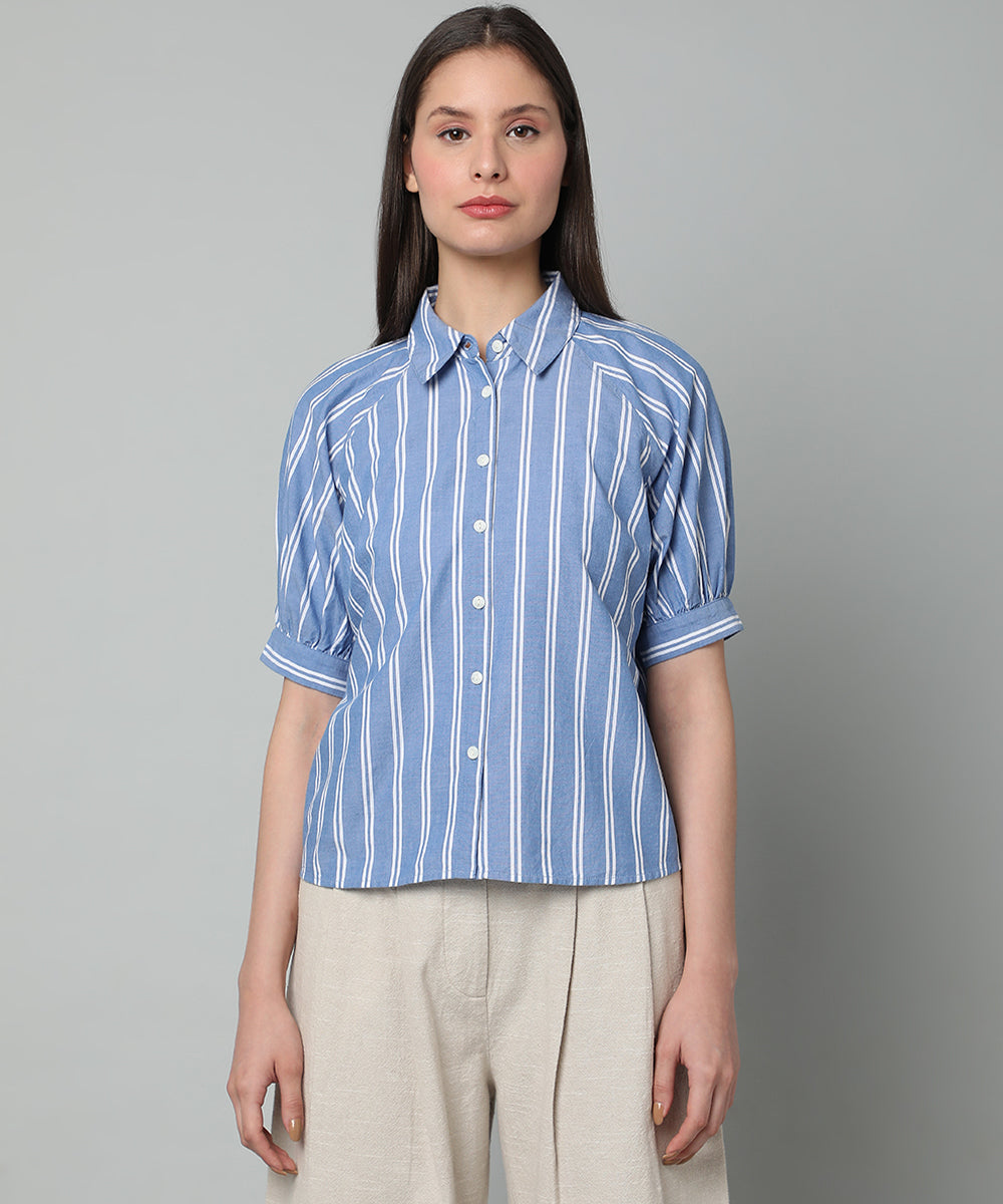 White and Blue Striped Cotton Shirt with raglan sleeves