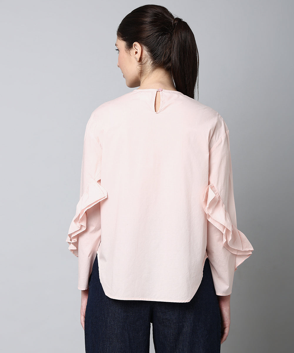 Peach Cotton Top with Ruffled Sleeves