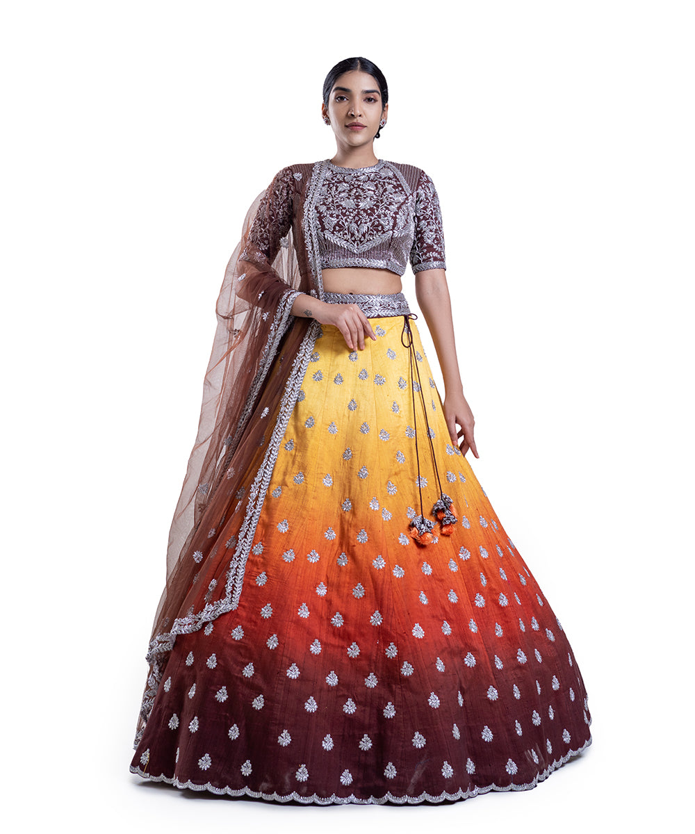 Sunset Ombré Lehenga With Brown Blouse and Dupatta