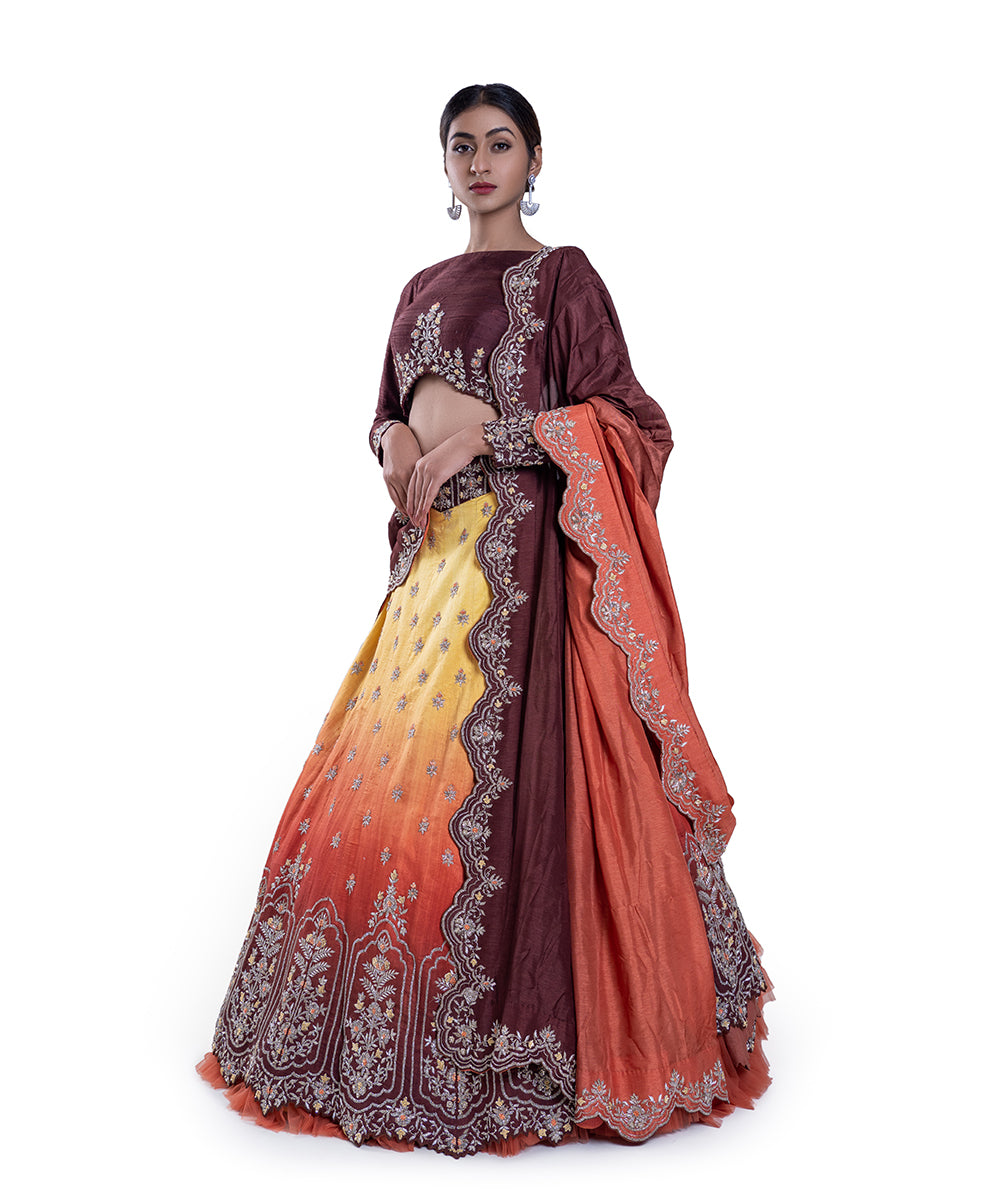 Sunset Ombré Lehenga With Brown Blouse And Dupatta