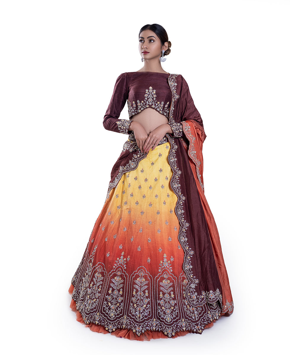 Sunset Ombré Lehenga With Brown Blouse And Dupatta
