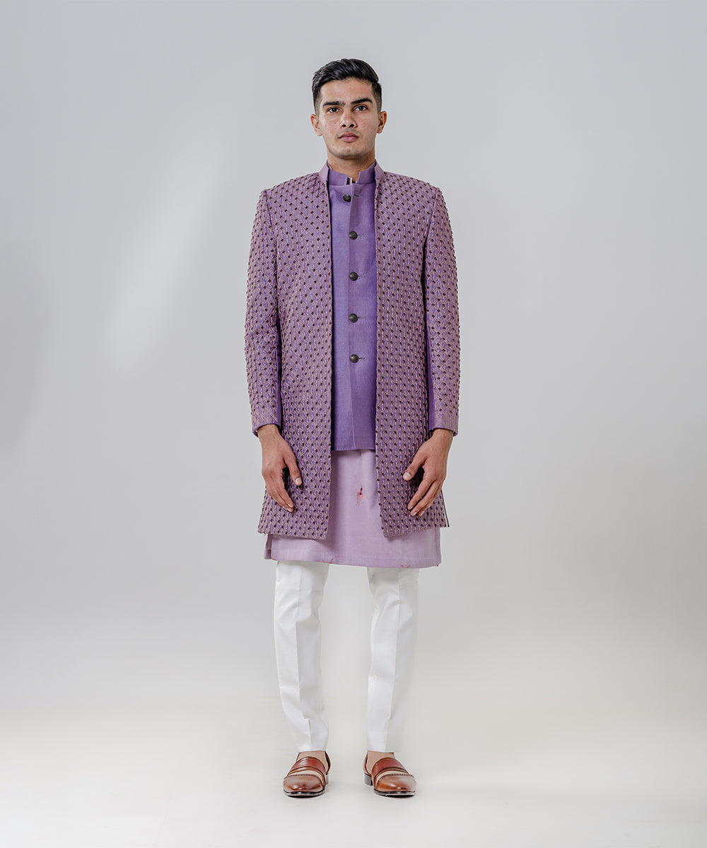 Long Open Jacket Attached Nehru Jacket Paired With Kurta And Trousers