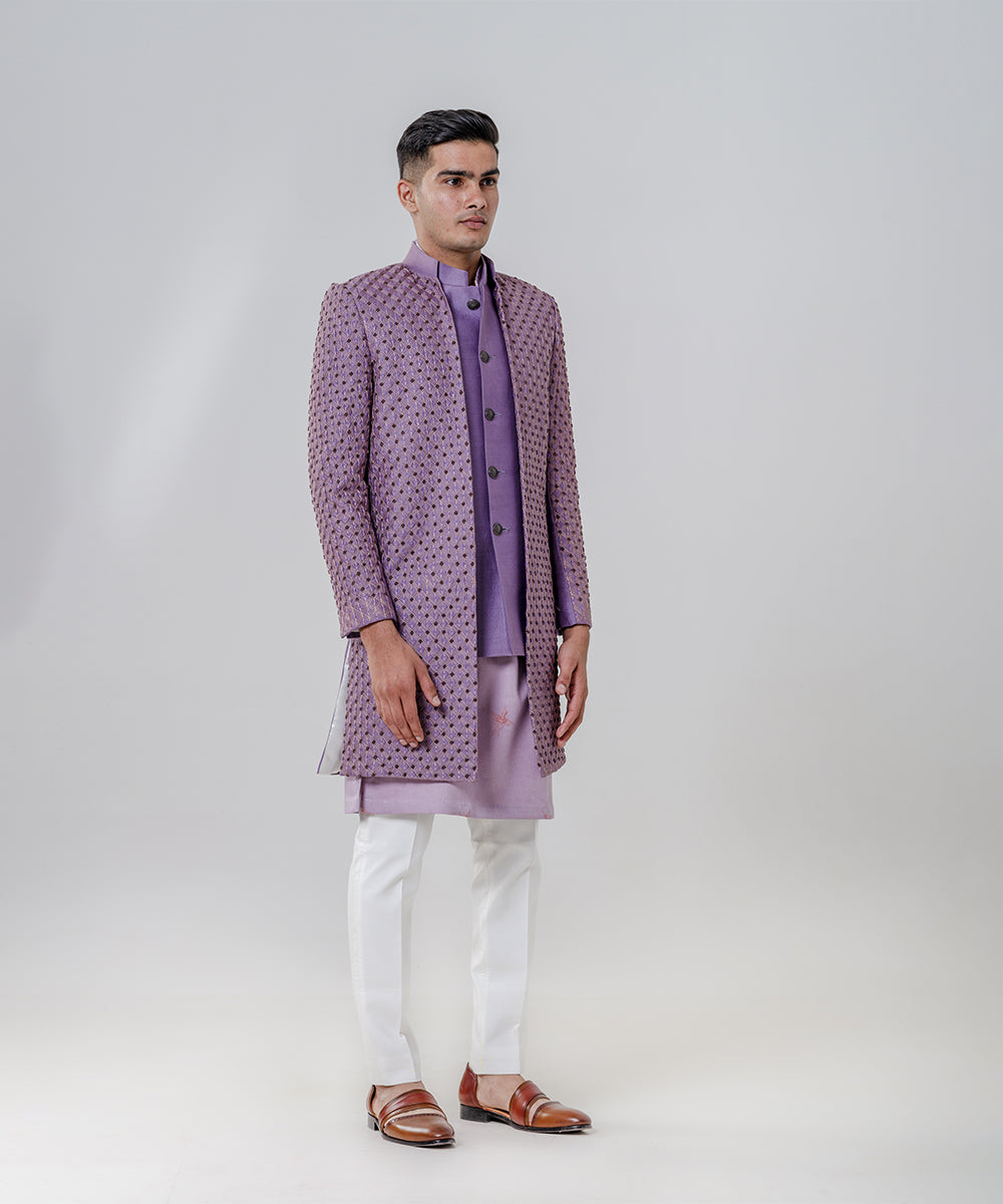 Long Open Jacket Attached Nehru Jacket Paired With Kurta And Trousers