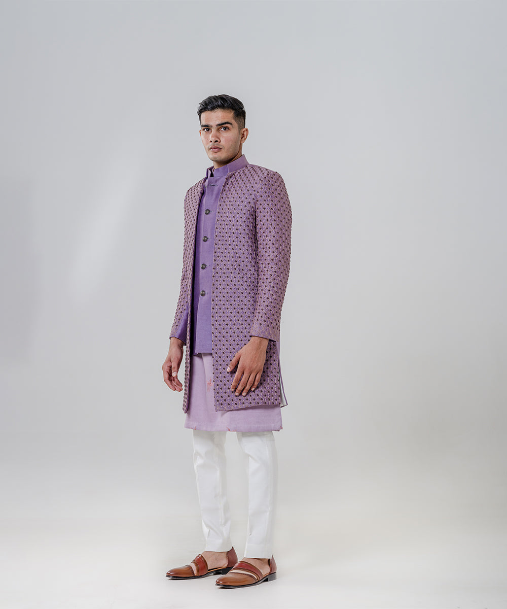 Long Open Jacket Attached Nehru Jacket Paired With Kurta And Trousers