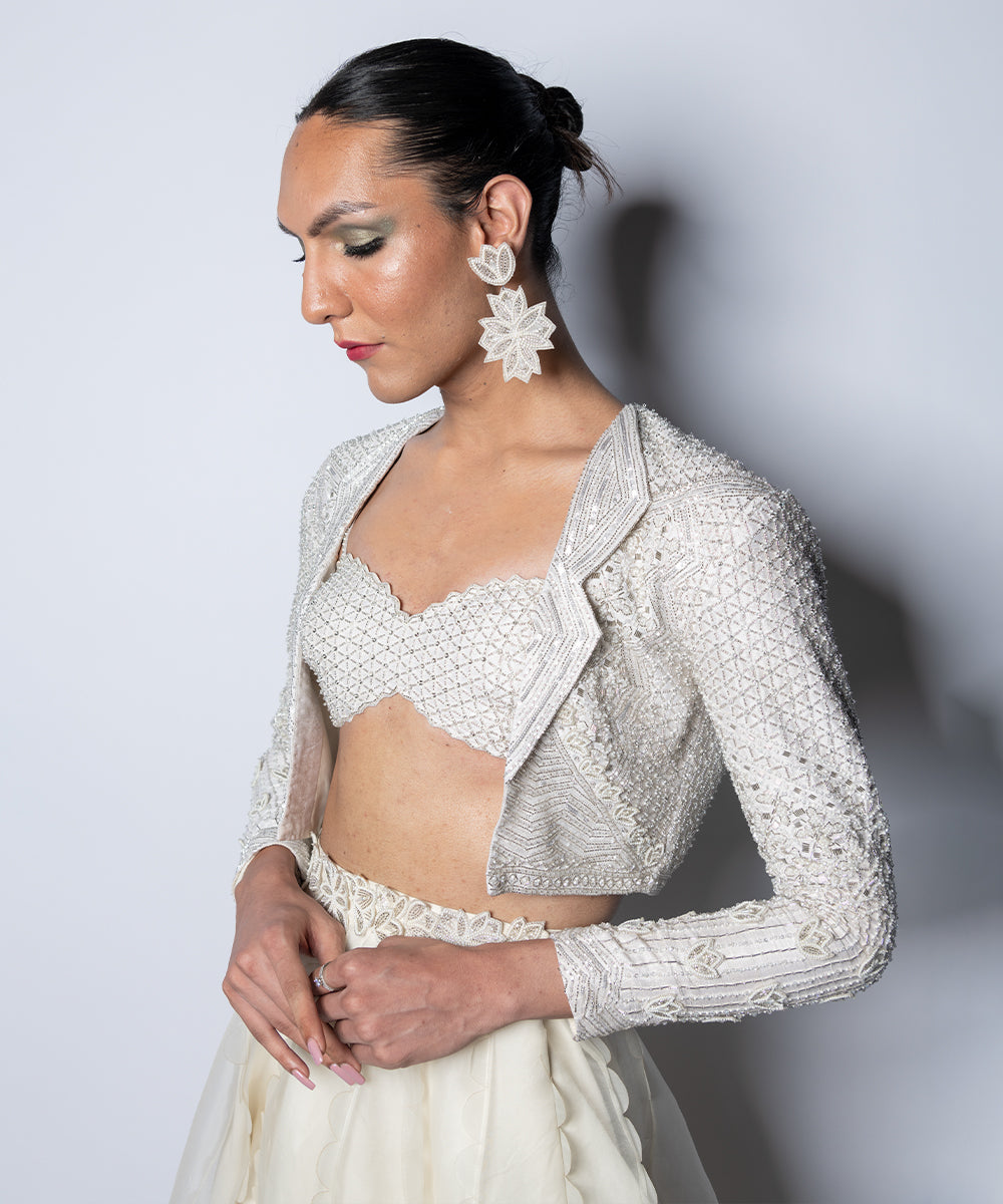 Argent White Embroidered Jacket, Blouse & Textured Skirt.