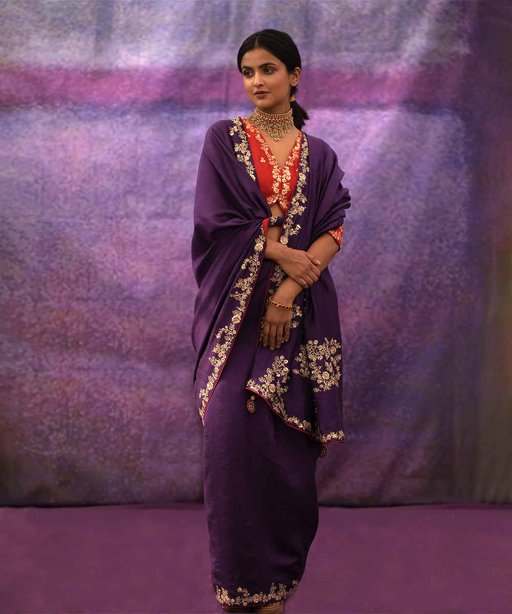 Violet jaal hand embroidered saree with red blouse