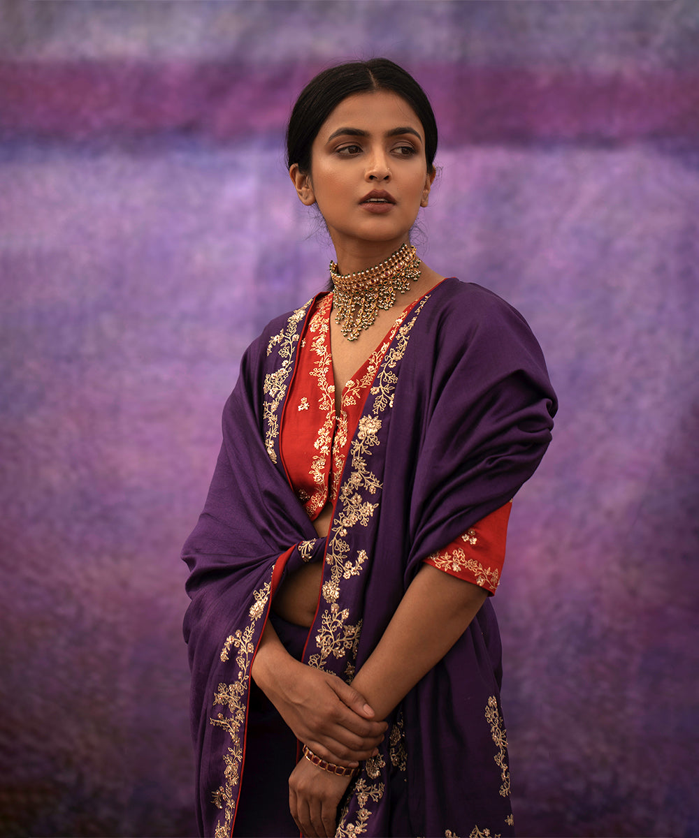 Violet jaal hand embroidered saree with red blouse