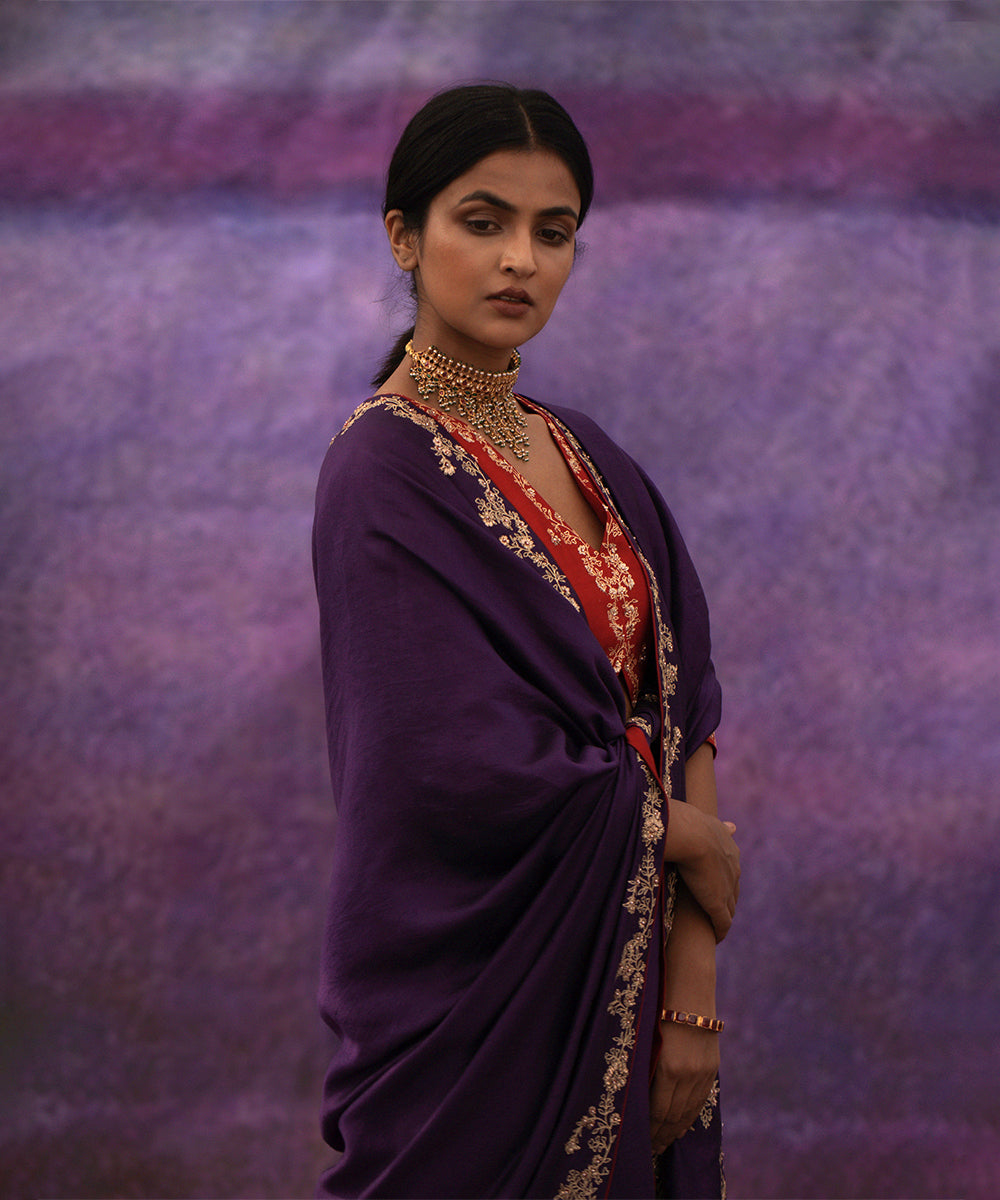 Violet jaal hand embroidered saree with red blouse