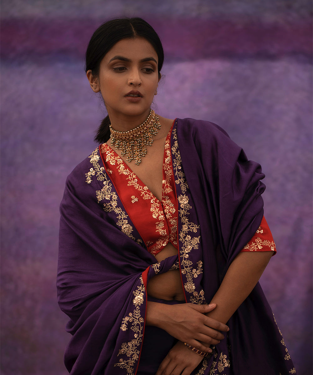 Violet jaal hand embroidered saree with red blouse