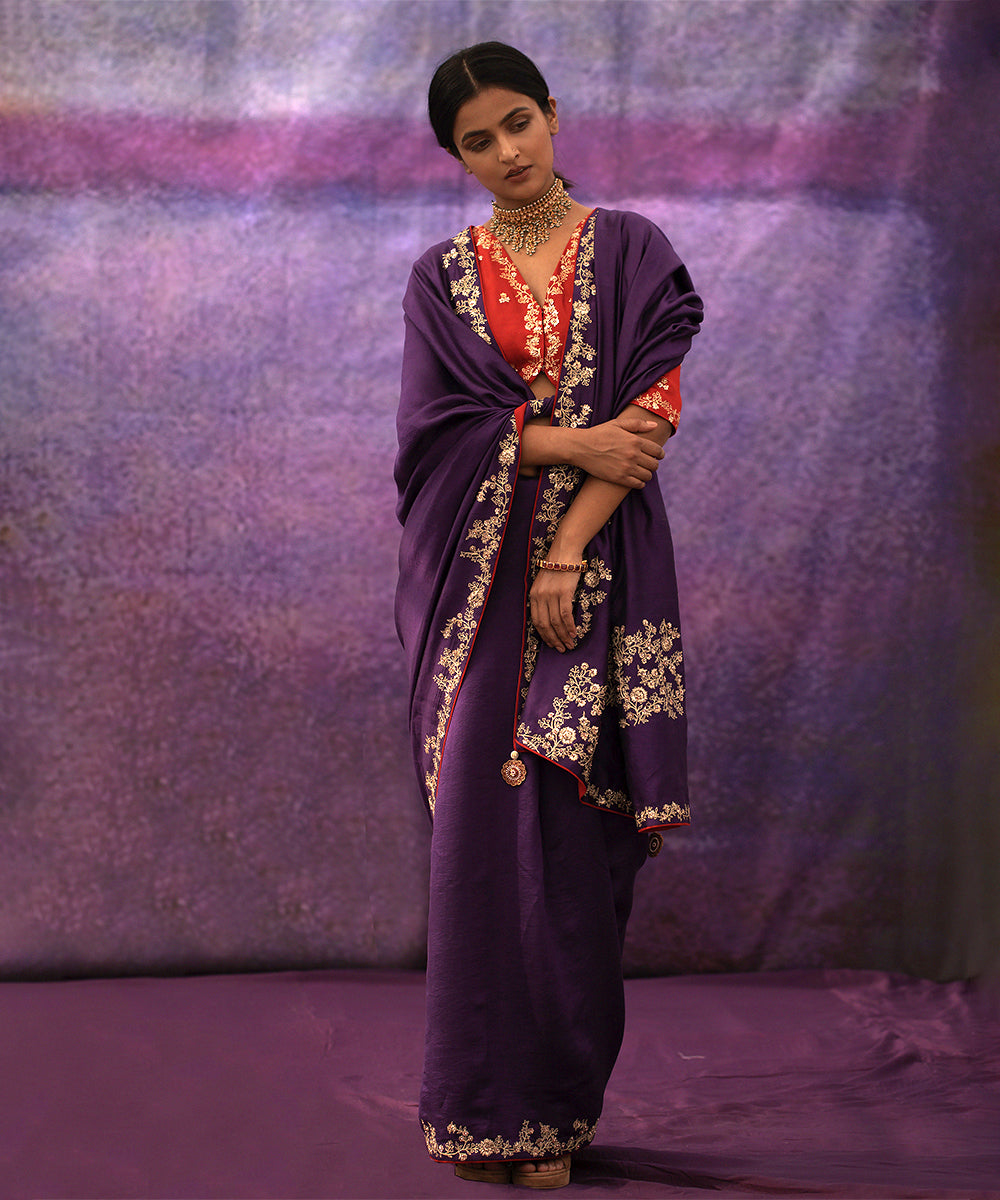 Violet jaal hand embroidered saree with red blouse