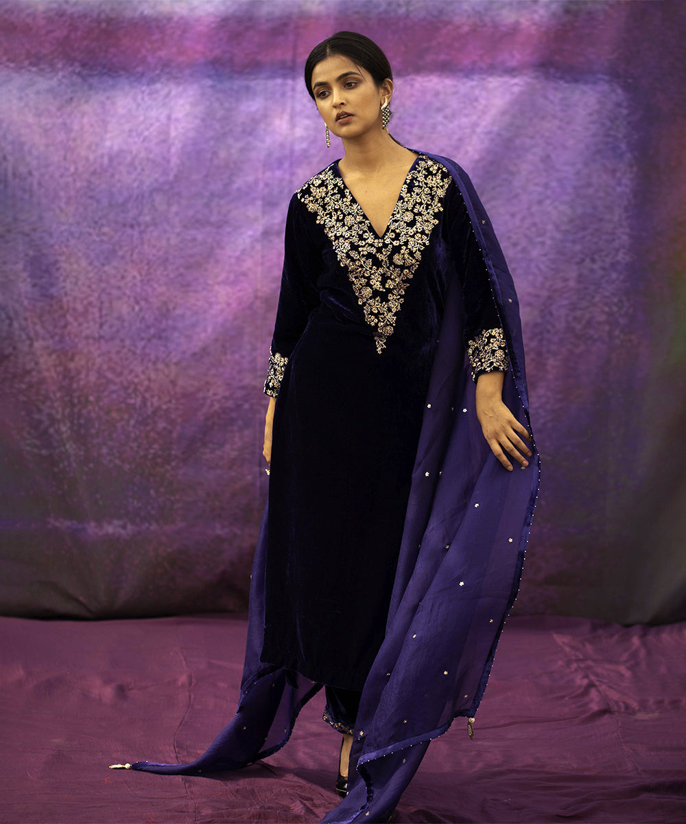 Navy Blue hand embroidered A-line kurta set