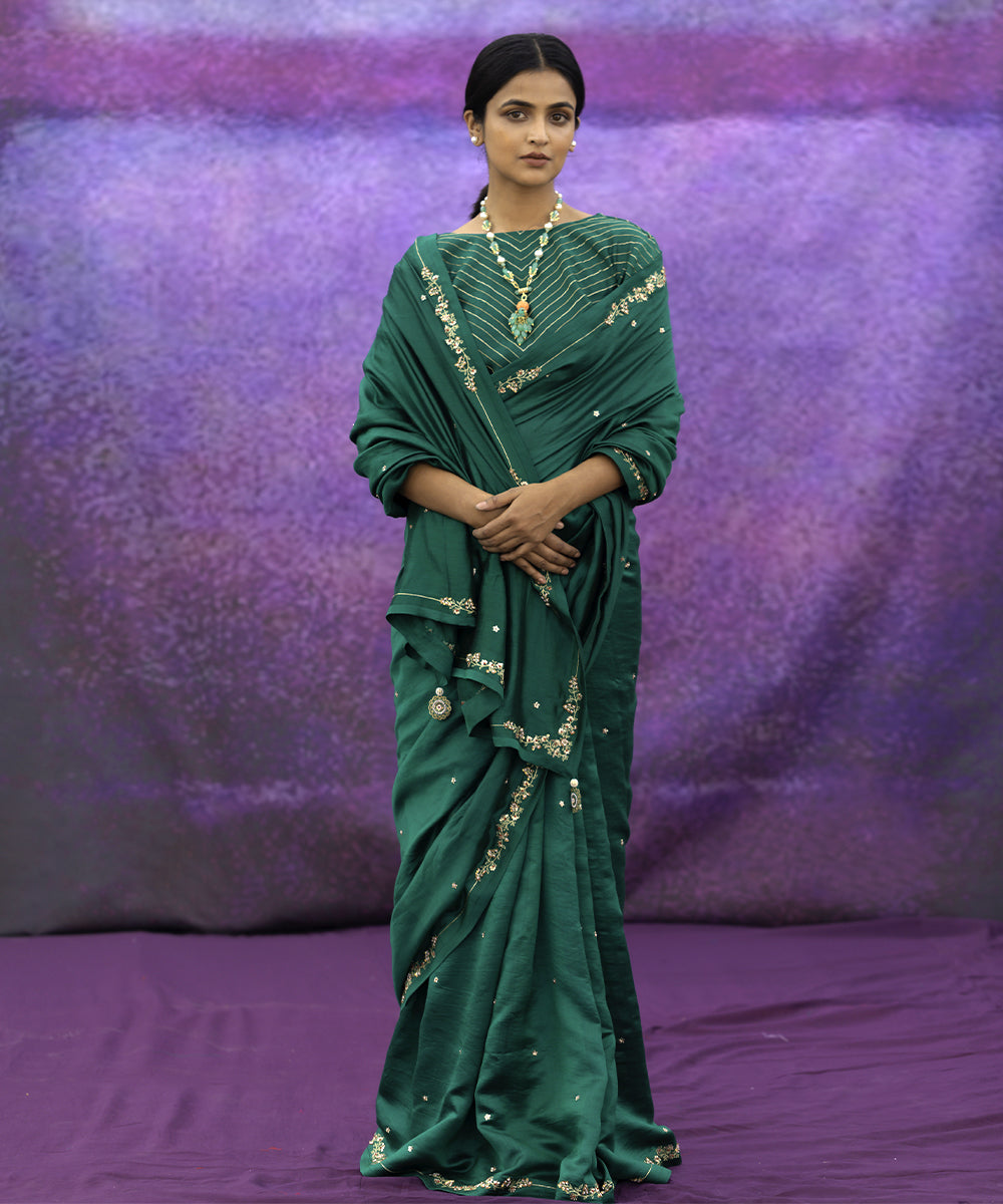 Green signature style border hand embroidered saree with blouse