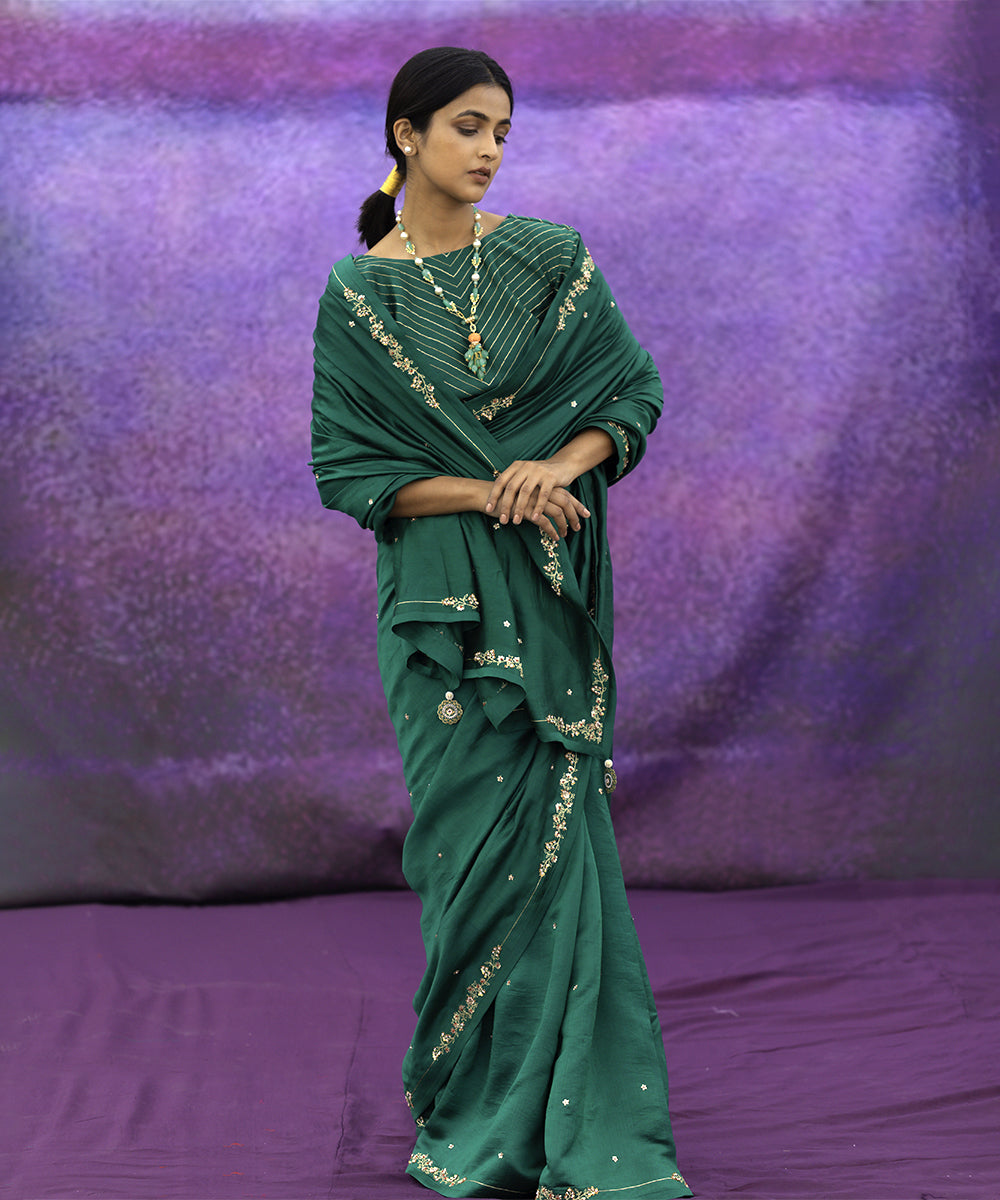 Green signature style border hand embroidered saree with blouse