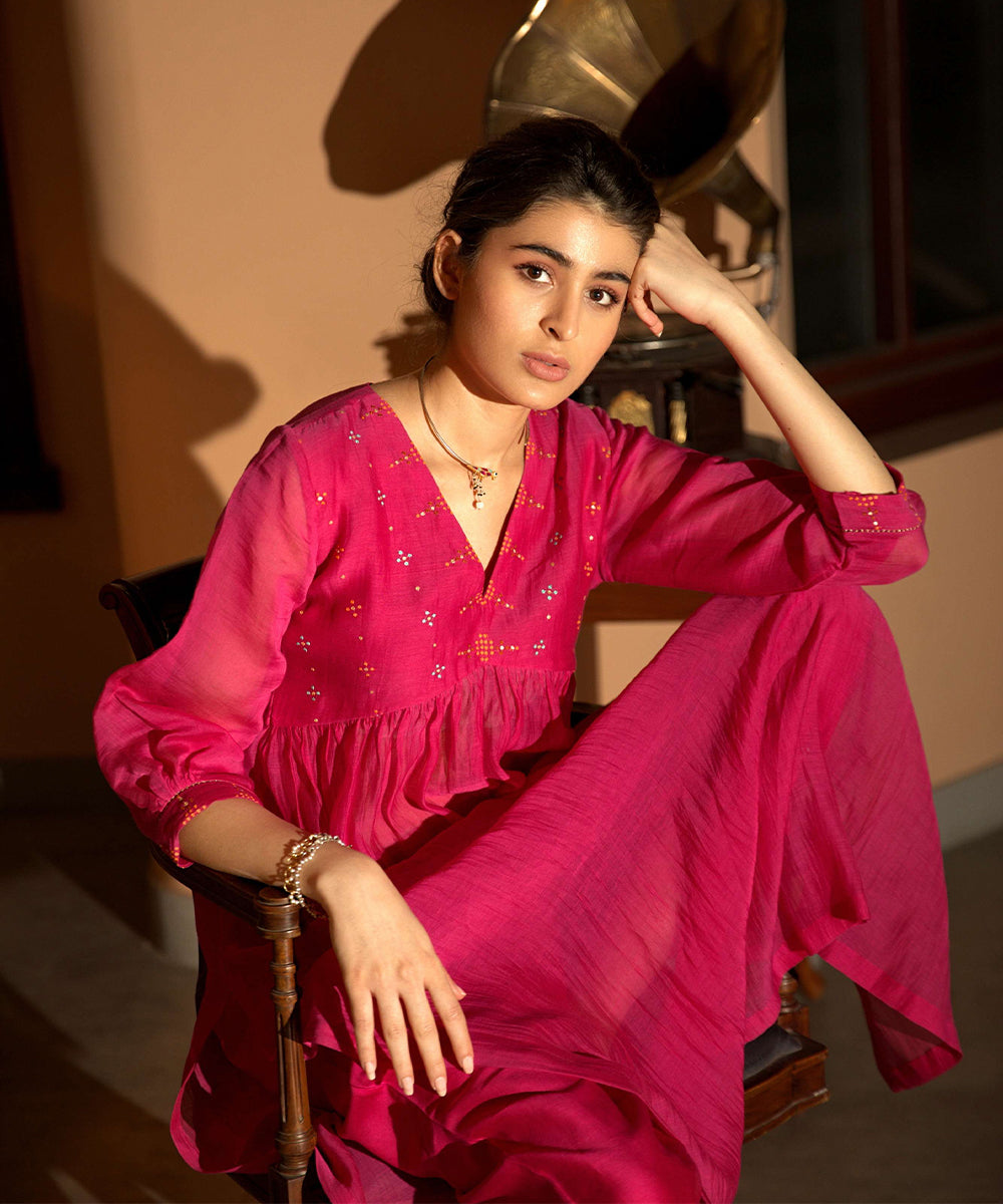 Pink Hand Embroidered Gather kurta set