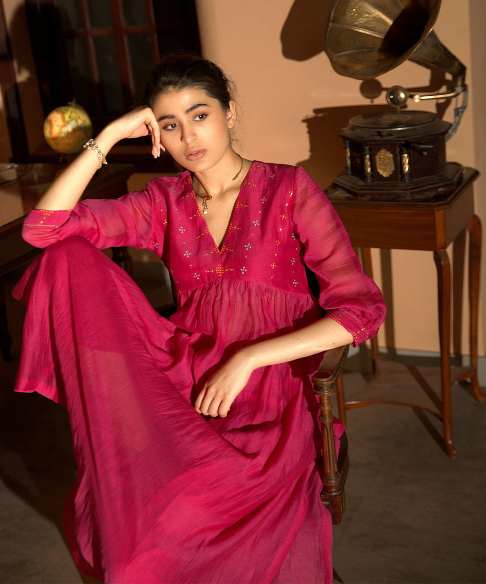 Pink Hand Embroidered Gather kurta set